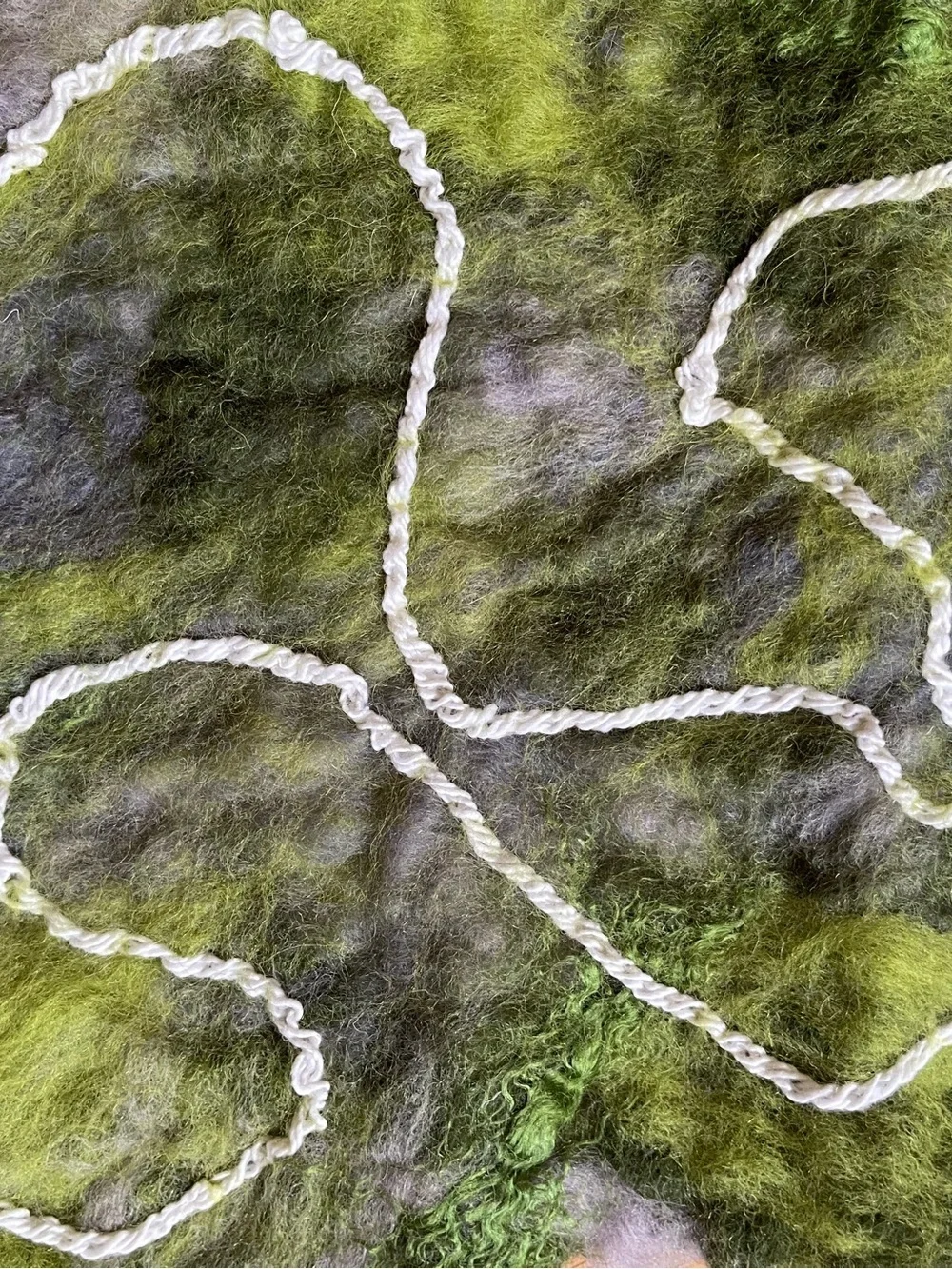 Olive Green and Gray Felted Merino Wool Scarf with White Embellished Yarns
